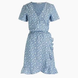 J Crew Printed chambray ruffle faux-wrap dress